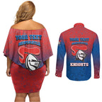 Personalized Newcastle Knights Couples Matching Off Shoulder Short Dress and Long Sleeve Button Shirt Easter Mascot - Colorful Eggs Cartoon Style