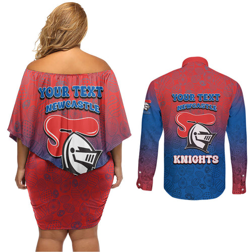 Personalized Newcastle Knights Couples Matching Off Shoulder Short Dress and Long Sleeve Button Shirt Easter Mascot - Colorful Eggs Cartoon Style