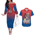 Personalized Newcastle Knights Couples Matching Off The Shoulder Long Sleeve Dress and Hawaiian Shirt Easter Mascot - Colorful Eggs Cartoon Style