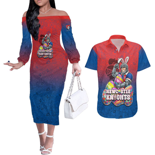 Personalized Newcastle Knights Couples Matching Off The Shoulder Long Sleeve Dress and Hawaiian Shirt Easter Mascot - Colorful Eggs Cartoon Style