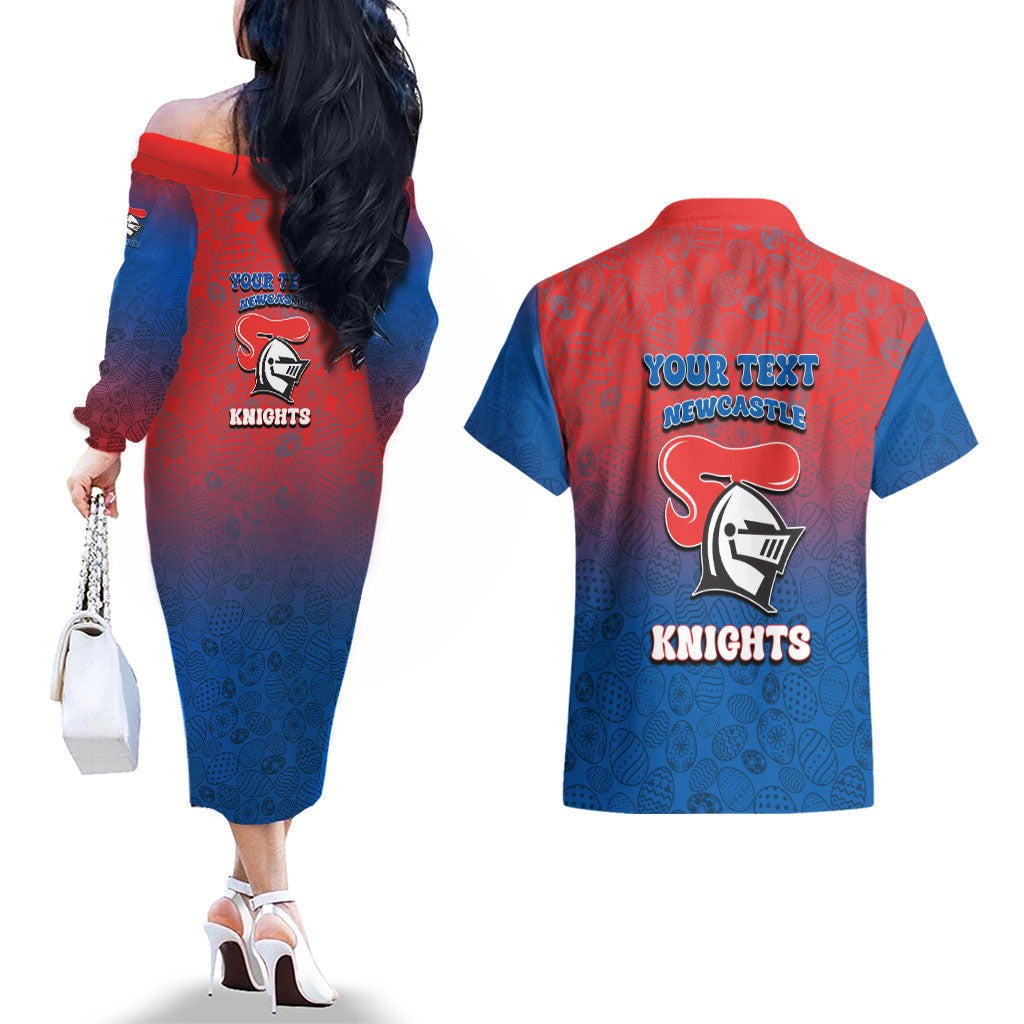 Personalized Newcastle Knights Couples Matching Off The Shoulder Long Sleeve Dress and Hawaiian Shirt Easter Mascot - Colorful Eggs Cartoon Style