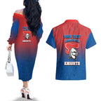 Personalized Newcastle Knights Couples Matching Off The Shoulder Long Sleeve Dress and Hawaiian Shirt Easter Mascot - Colorful Eggs Cartoon Style
