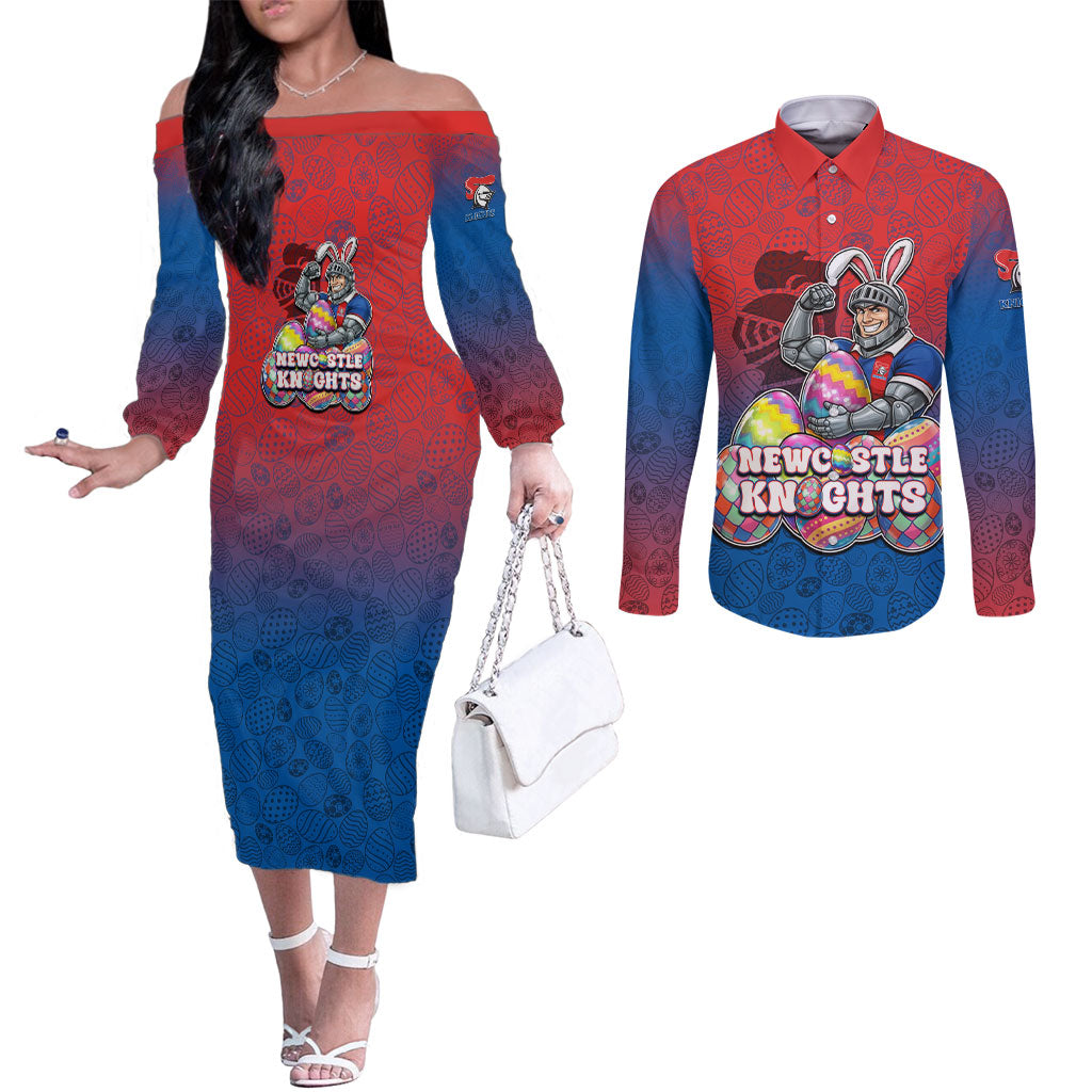 Personalized Newcastle Knights Couples Matching Off The Shoulder Long Sleeve Dress and Long Sleeve Button Shirt Easter Mascot - Colorful Eggs Cartoon Style