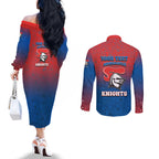 Personalized Newcastle Knights Couples Matching Off The Shoulder Long Sleeve Dress and Long Sleeve Button Shirt Easter Mascot - Colorful Eggs Cartoon Style