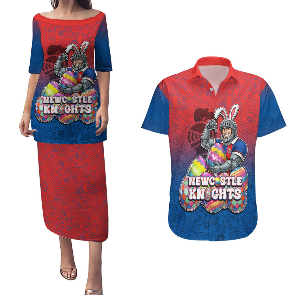 Personalized Newcastle Knights Couples Matching Puletasi and Hawaiian Shirt Easter Mascot - Colorful Eggs Cartoon Style