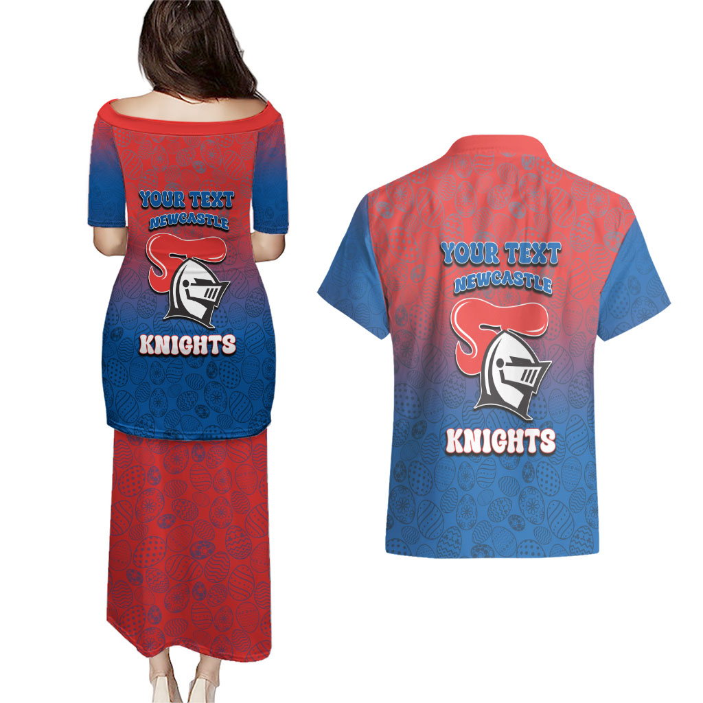 Personalized Newcastle Knights Couples Matching Puletasi and Hawaiian Shirt Easter Mascot - Colorful Eggs Cartoon Style