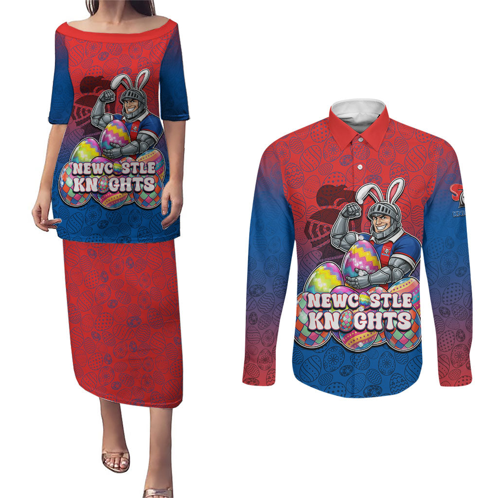 Personalized Newcastle Knights Couples Matching Puletasi and Long Sleeve Button Shirt Easter Mascot - Colorful Eggs Cartoon Style