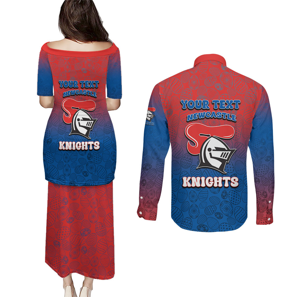 Personalized Newcastle Knights Couples Matching Puletasi and Long Sleeve Button Shirt Easter Mascot - Colorful Eggs Cartoon Style
