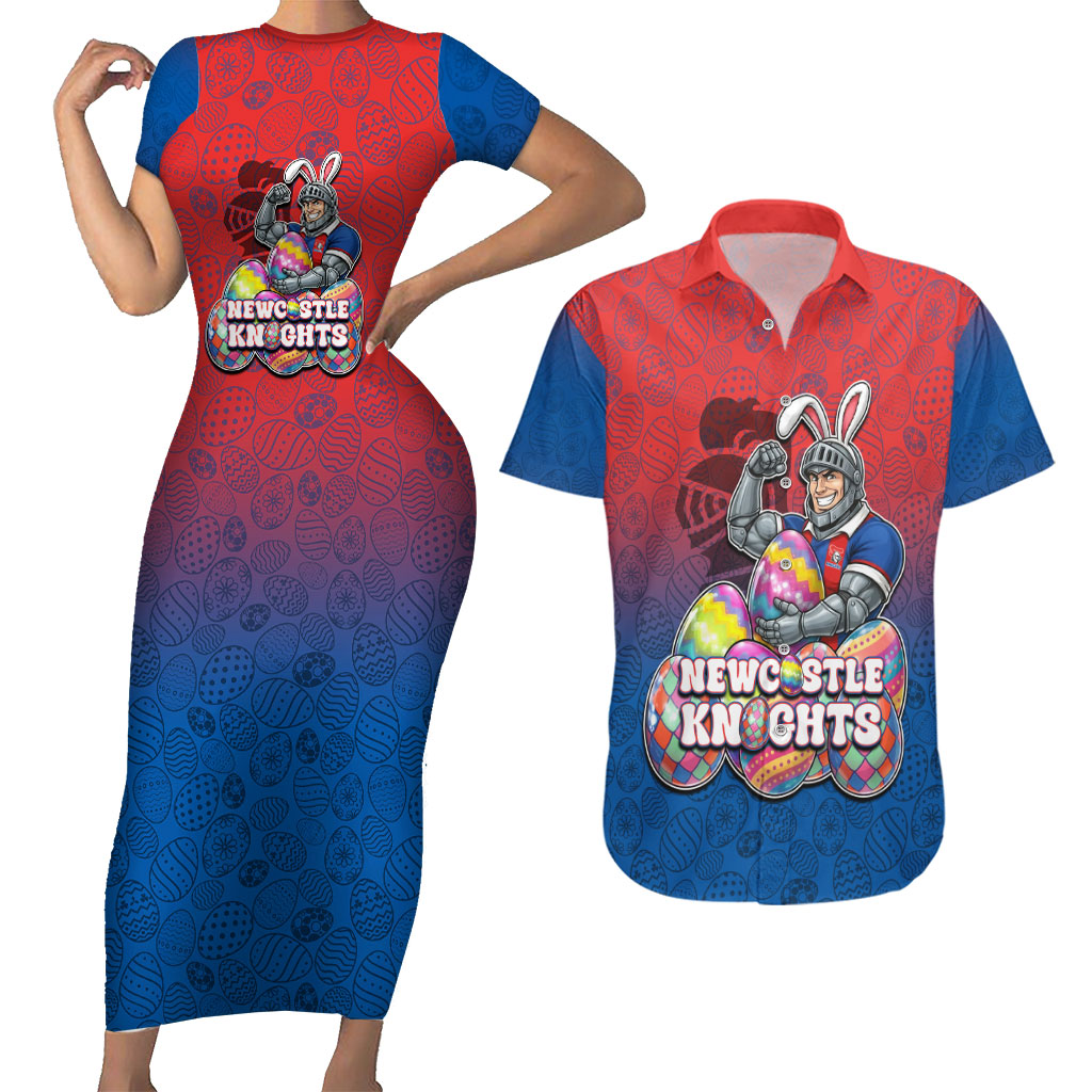 Personalized Newcastle Knights Couples Matching Short Sleeve Bodycon Dress and Hawaiian Shirt Easter Mascot - Colorful Eggs Cartoon Style