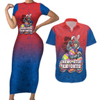 Personalized Newcastle Knights Couples Matching Short Sleeve Bodycon Dress and Hawaiian Shirt Easter Mascot - Colorful Eggs Cartoon Style