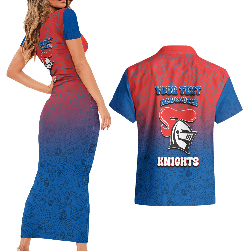 Personalized Newcastle Knights Couples Matching Short Sleeve Bodycon Dress and Hawaiian Shirt Easter Mascot - Colorful Eggs Cartoon Style