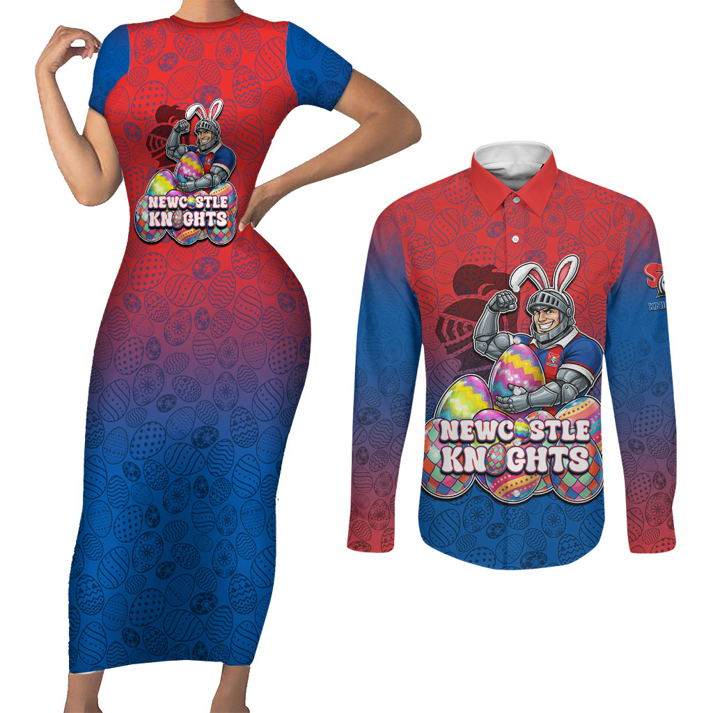 Personalized Newcastle Knights Couples Matching Short Sleeve Bodycon Dress and Long Sleeve Button Shirt Easter Mascot - Colorful Eggs Cartoon Style
