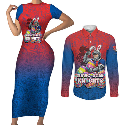 Personalized Newcastle Knights Couples Matching Short Sleeve Bodycon Dress and Long Sleeve Button Shirt Easter Mascot - Colorful Eggs Cartoon Style