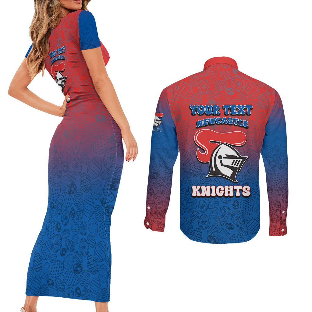 Personalized Newcastle Knights Couples Matching Short Sleeve Bodycon Dress and Long Sleeve Button Shirt Easter Mascot - Colorful Eggs Cartoon Style