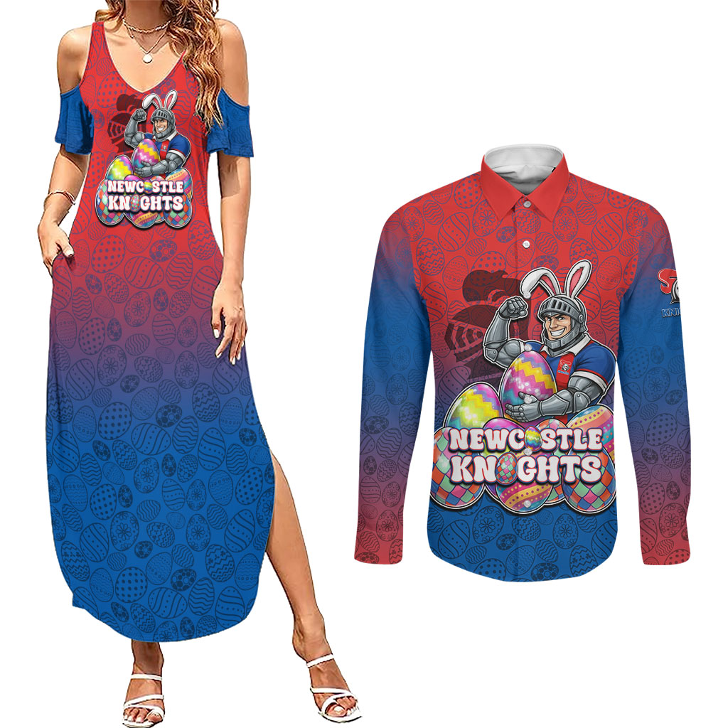 Personalized Newcastle Knights Couples Matching Summer Maxi Dress and Long Sleeve Button Shirt Easter Mascot - Colorful Eggs Cartoon Style