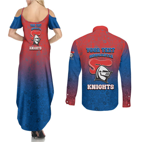 Personalized Newcastle Knights Couples Matching Summer Maxi Dress and Long Sleeve Button Shirt Easter Mascot - Colorful Eggs Cartoon Style