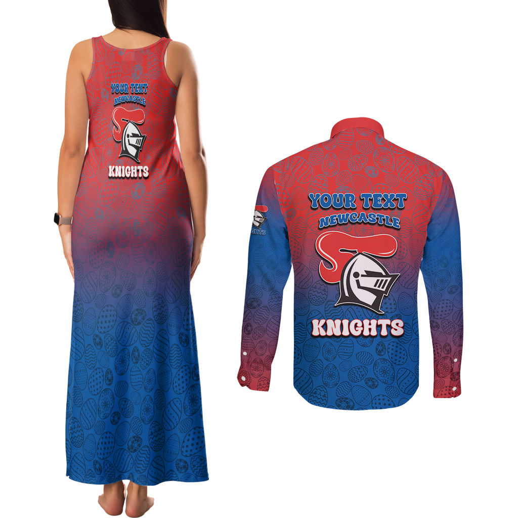 Personalized Newcastle Knights Couples Matching Tank Maxi Dress and Long Sleeve Button Shirt Easter Mascot - Colorful Eggs Cartoon Style