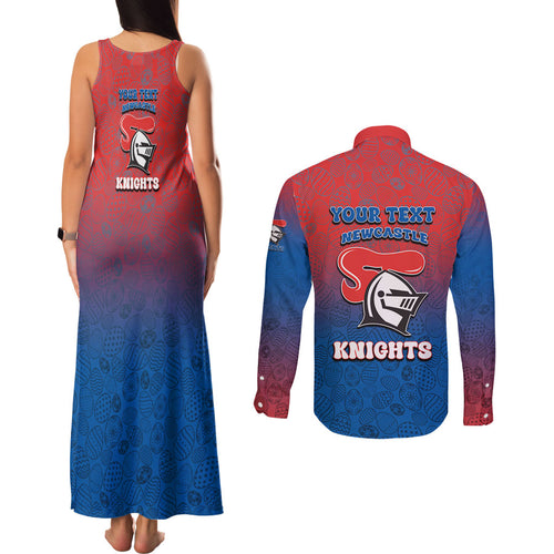 Personalized Newcastle Knights Couples Matching Tank Maxi Dress and Long Sleeve Button Shirt Easter Mascot - Colorful Eggs Cartoon Style