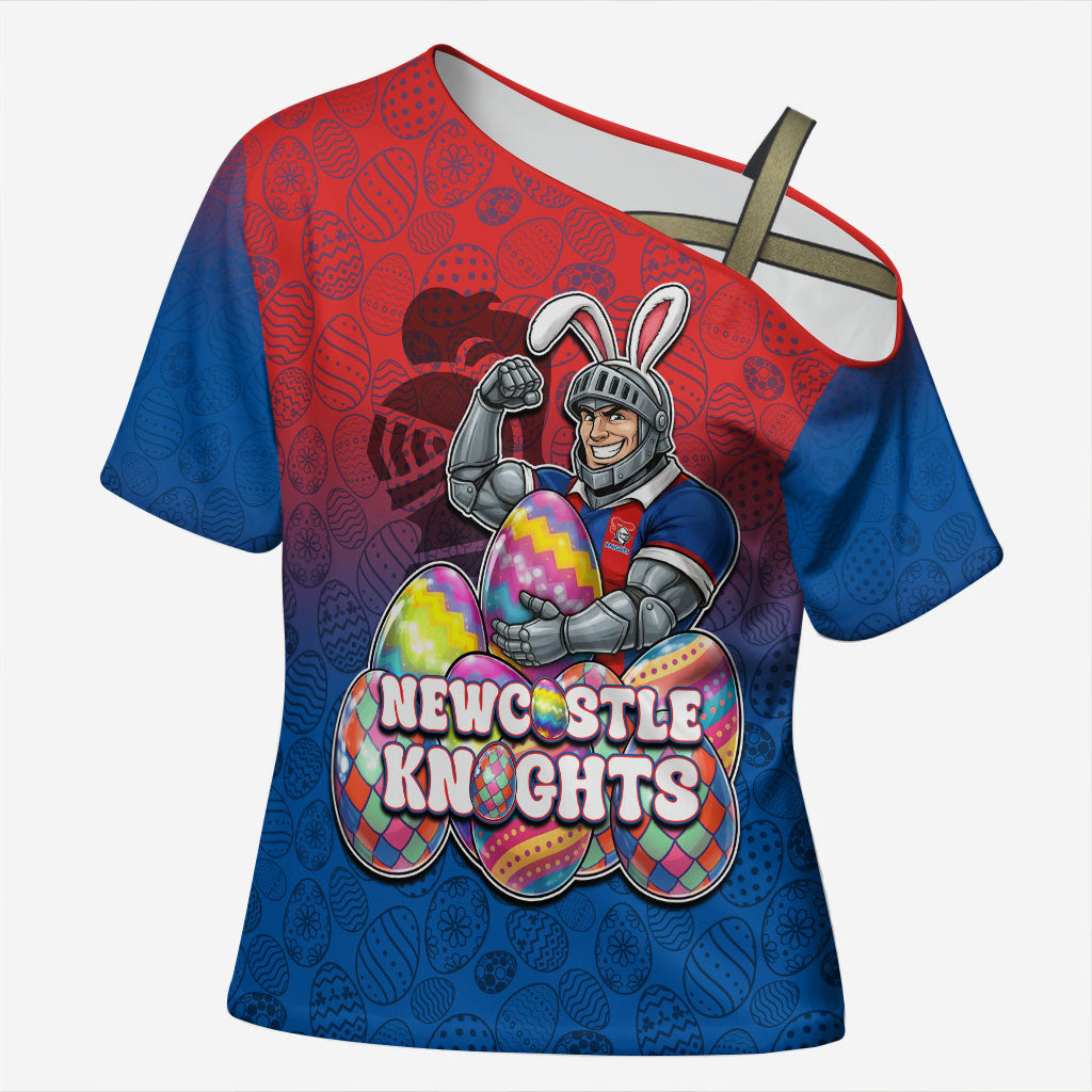 Personalized Newcastle Knights Cross Shoulder Shirt Easter Mascot - Colorful Eggs Cartoon Style