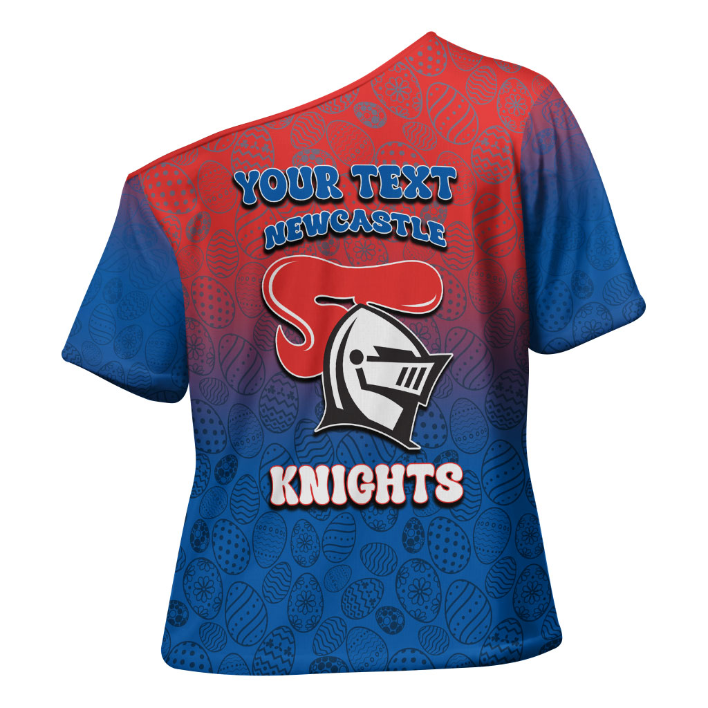 Personalized Newcastle Knights Cross Shoulder Shirt Easter Mascot - Colorful Eggs Cartoon Style