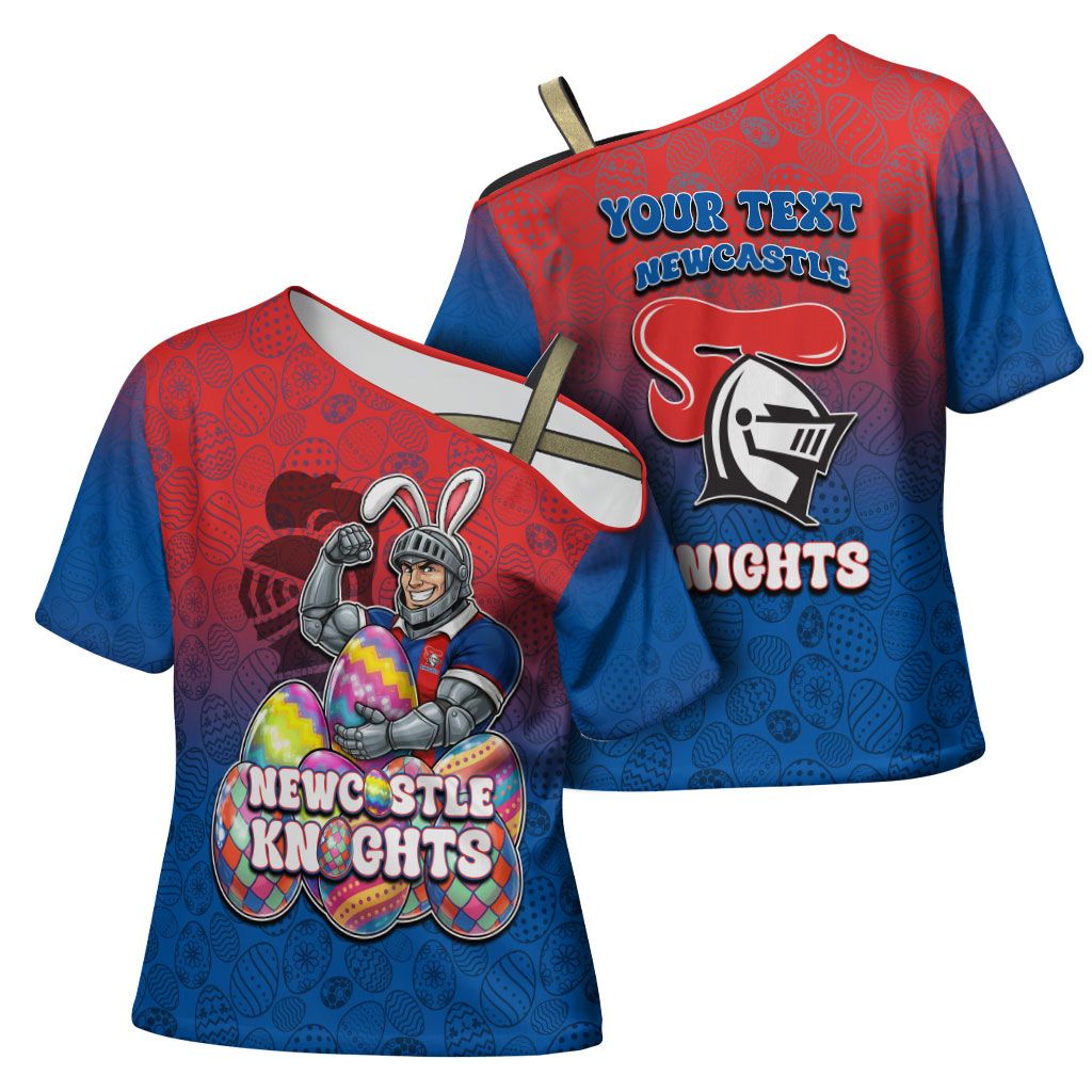 Personalized Newcastle Knights Cross Shoulder Shirt Easter Mascot - Colorful Eggs Cartoon Style