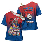 Personalized Newcastle Knights Cross Shoulder Shirt Easter Mascot - Colorful Eggs Cartoon Style