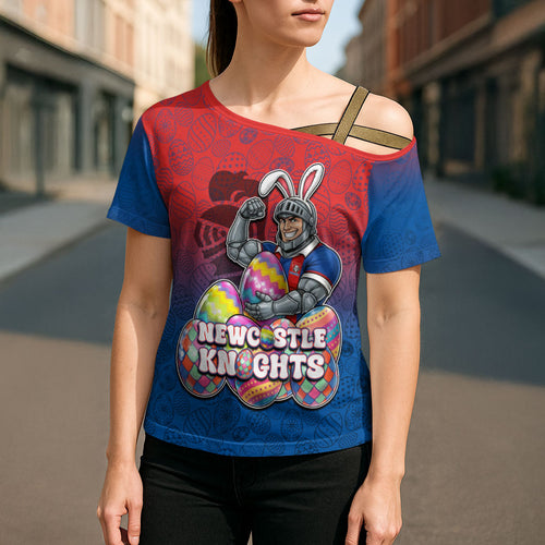 Personalized Newcastle Knights Cross Shoulder Shirt Easter Mascot - Colorful Eggs Cartoon Style