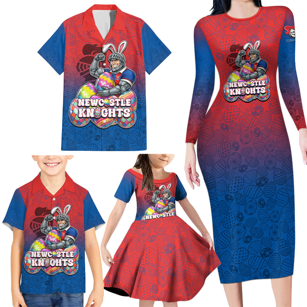 Personalized Newcastle Knights Family Matching Long Sleeve Bodycon Dress and Hawaiian Shirt Easter Mascot - Colorful Eggs Cartoon Style