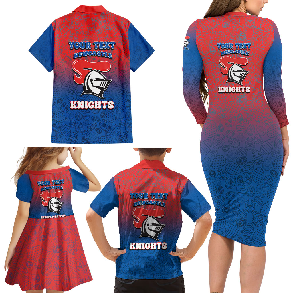 Personalized Newcastle Knights Family Matching Long Sleeve Bodycon Dress and Hawaiian Shirt Easter Mascot - Colorful Eggs Cartoon Style