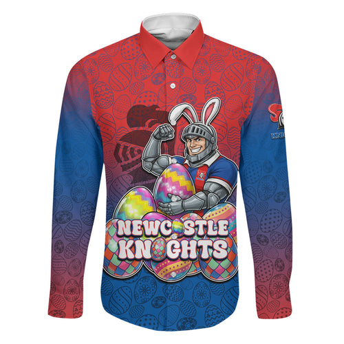 Personalized Newcastle Knights Family Matching Long Sleeve Bodycon Dress and Hawaiian Shirt Easter Mascot - Colorful Eggs Cartoon Style