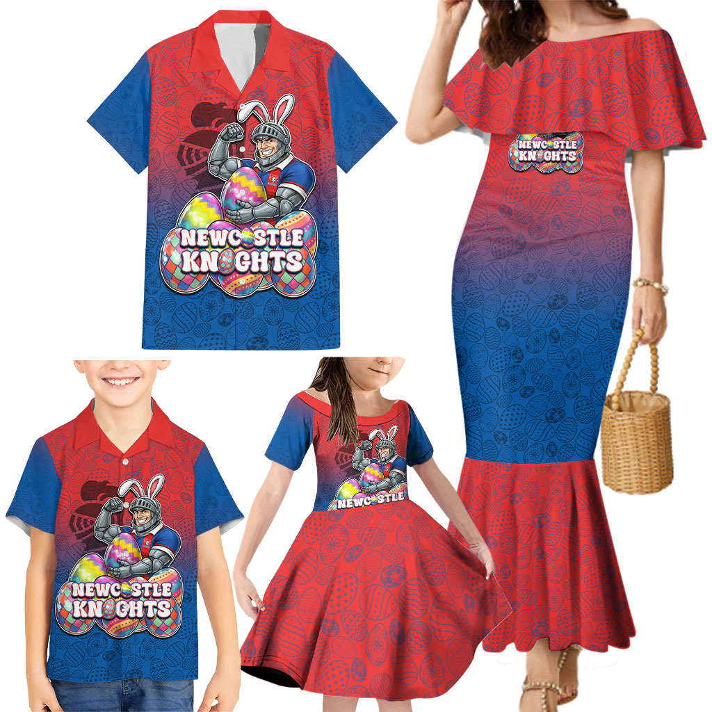 Personalized Newcastle Knights Family Matching Mermaid Dress and Hawaiian Shirt Easter Mascot - Colorful Eggs Cartoon Style