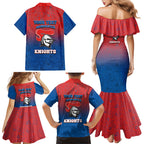 Personalized Newcastle Knights Family Matching Mermaid Dress and Hawaiian Shirt Easter Mascot - Colorful Eggs Cartoon Style
