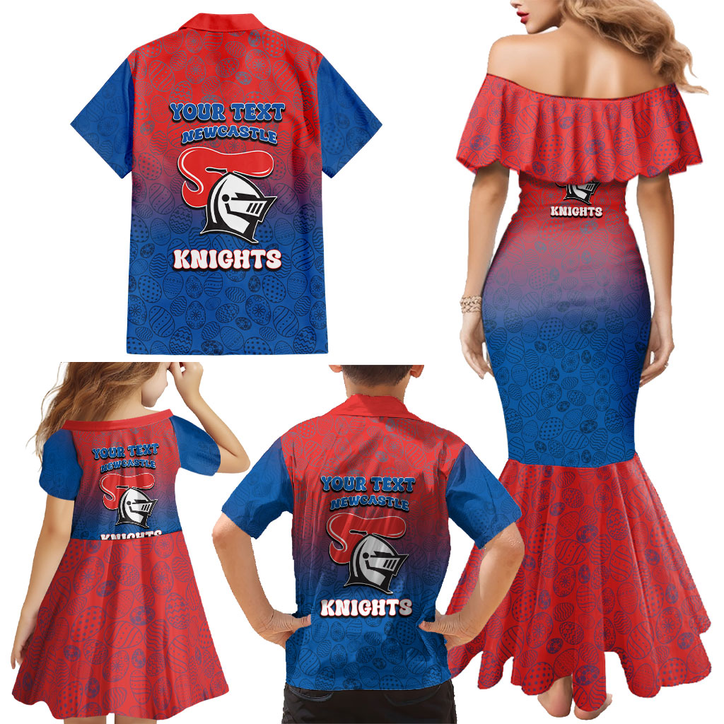 Personalized Newcastle Knights Family Matching Mermaid Dress and Hawaiian Shirt Easter Mascot - Colorful Eggs Cartoon Style