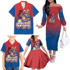 Personalized Newcastle Knights Family Matching Off The Shoulder Long Sleeve Dress and Hawaiian Shirt Easter Mascot - Colorful Eggs Cartoon Style
