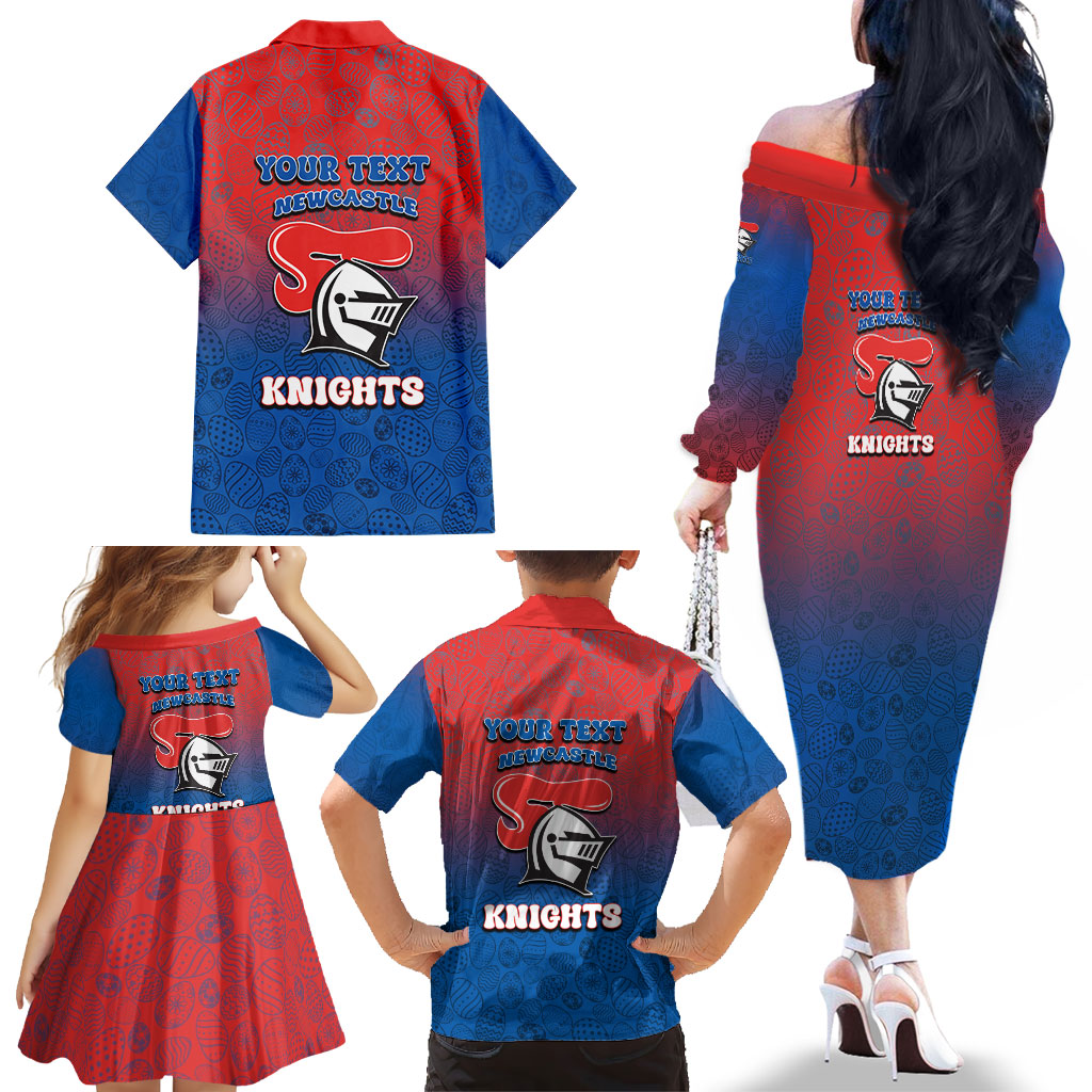 Personalized Newcastle Knights Family Matching Off The Shoulder Long Sleeve Dress and Hawaiian Shirt Easter Mascot - Colorful Eggs Cartoon Style