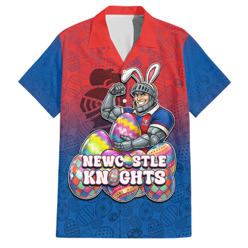 Personalized Newcastle Knights Family Matching Off The Shoulder Long Sleeve Dress and Hawaiian Shirt Easter Mascot - Colorful Eggs Cartoon Style