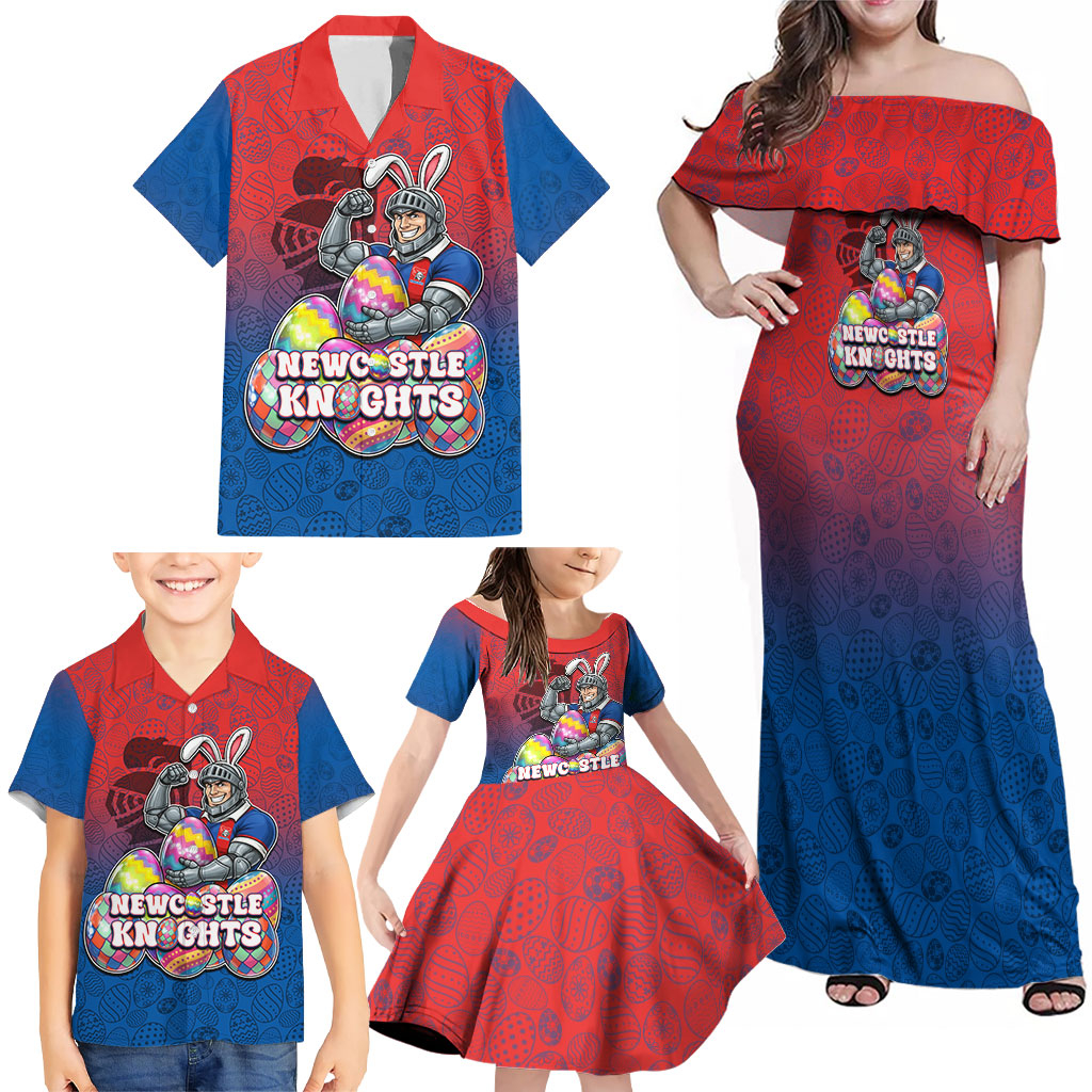 Personalized Newcastle Knights Family Matching Off Shoulder Maxi Dress and Hawaiian Shirt Easter Mascot - Colorful Eggs Cartoon Style