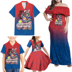 Personalized Newcastle Knights Family Matching Off Shoulder Maxi Dress and Hawaiian Shirt Easter Mascot - Colorful Eggs Cartoon Style