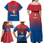 Personalized Newcastle Knights Family Matching Off Shoulder Maxi Dress and Hawaiian Shirt Easter Mascot - Colorful Eggs Cartoon Style