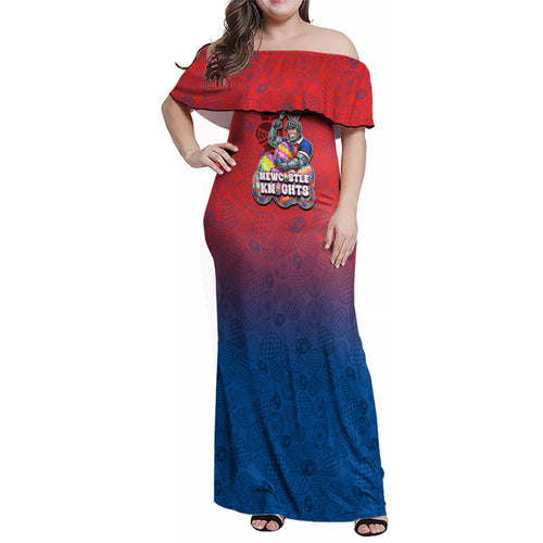 Personalized Newcastle Knights Family Matching Off Shoulder Maxi Dress and Hawaiian Shirt Easter Mascot - Colorful Eggs Cartoon Style