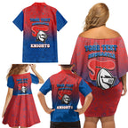 Personalized Newcastle Knights Family Matching Off Shoulder Short Dress and Hawaiian Shirt Easter Mascot - Colorful Eggs Cartoon Style
