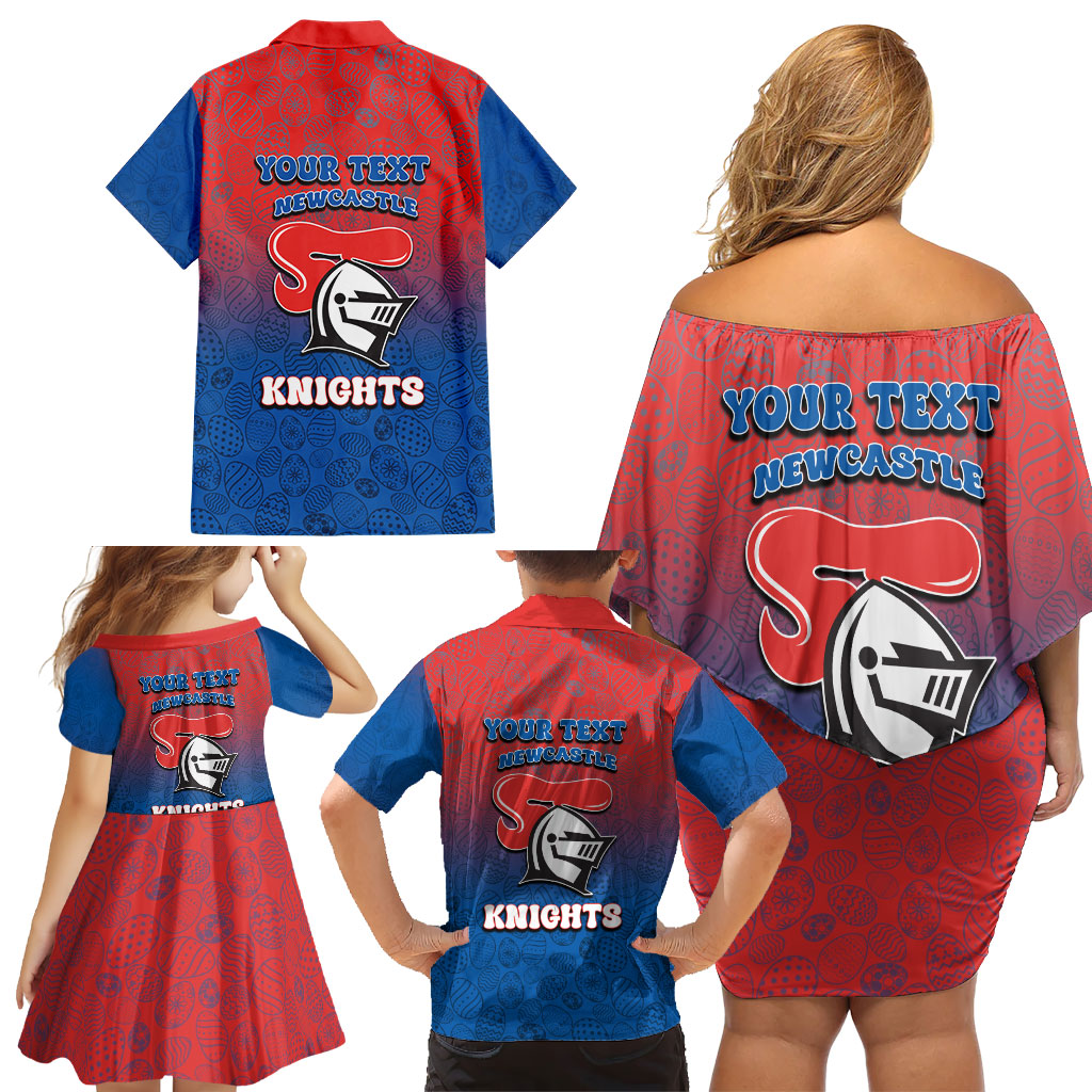 Personalized Newcastle Knights Family Matching Off Shoulder Short Dress and Hawaiian Shirt Easter Mascot - Colorful Eggs Cartoon Style
