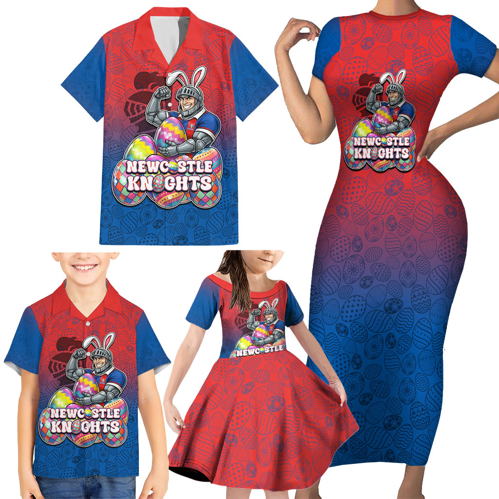 Personalized Newcastle Knights Family Matching Short Sleeve Bodycon Dress and Hawaiian Shirt Easter Mascot - Colorful Eggs Cartoon Style