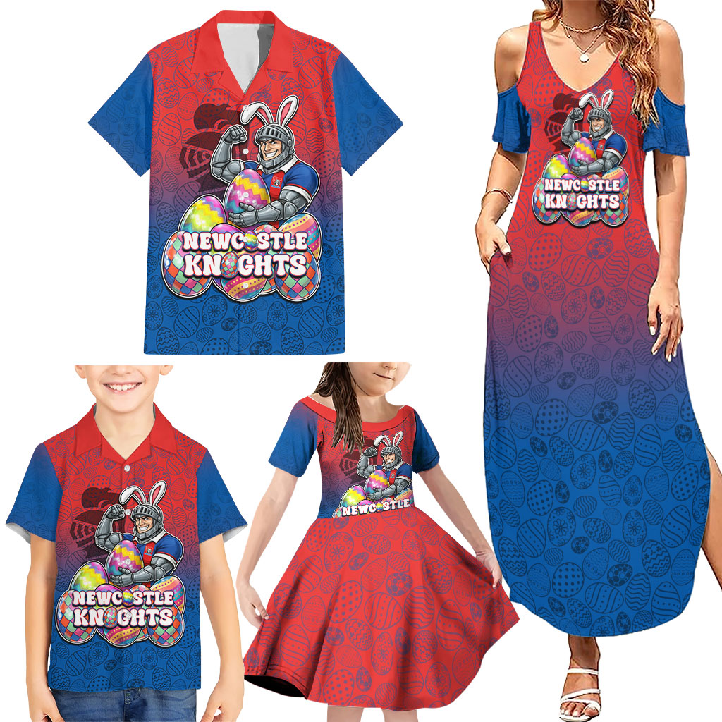 Personalized Newcastle Knights Family Matching Summer Maxi Dress and Hawaiian Shirt Easter Mascot - Colorful Eggs Cartoon Style