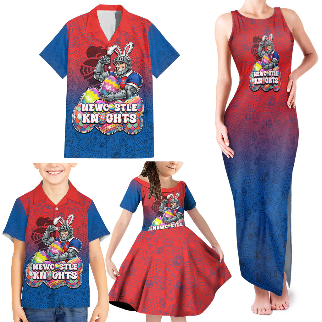 Personalized Newcastle Knights Family Matching Tank Maxi Dress and Hawaiian Shirt Easter Mascot - Colorful Eggs Cartoon Style