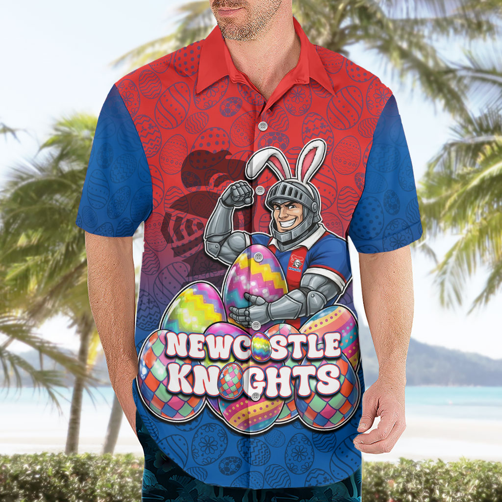 Personalized Newcastle Knights Hawaiian Shirt Easter Mascot - Colorful Eggs Cartoon Style