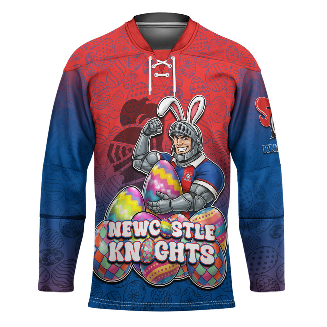Personalized Newcastle Knights Hockey Jersey Easter Mascot - Colorful Eggs Cartoon Style