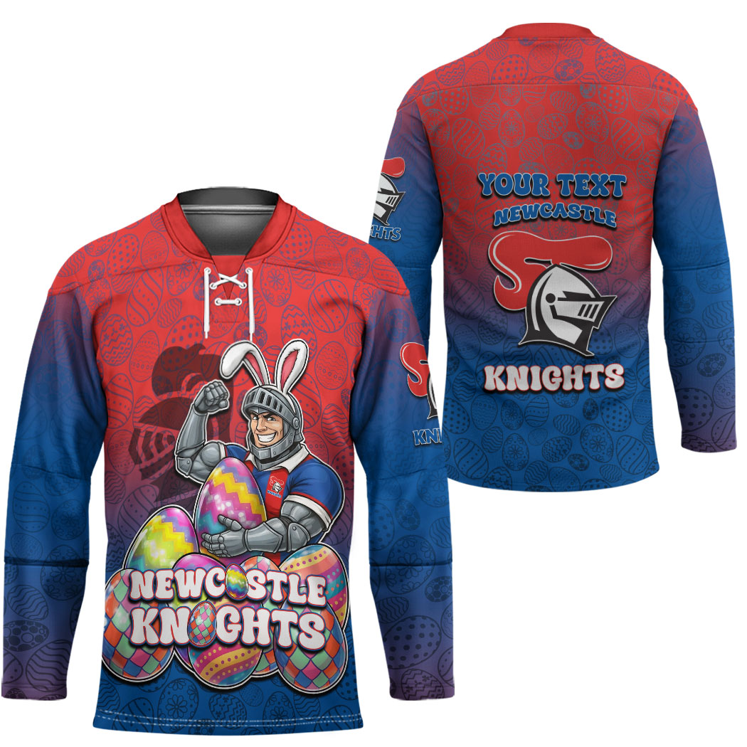 Personalized Newcastle Knights Hockey Jersey Easter Mascot - Colorful Eggs Cartoon Style