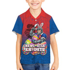 Personalized Newcastle Knights Kid Hawaiian Shirt Easter Mascot - Colorful Eggs Cartoon Style