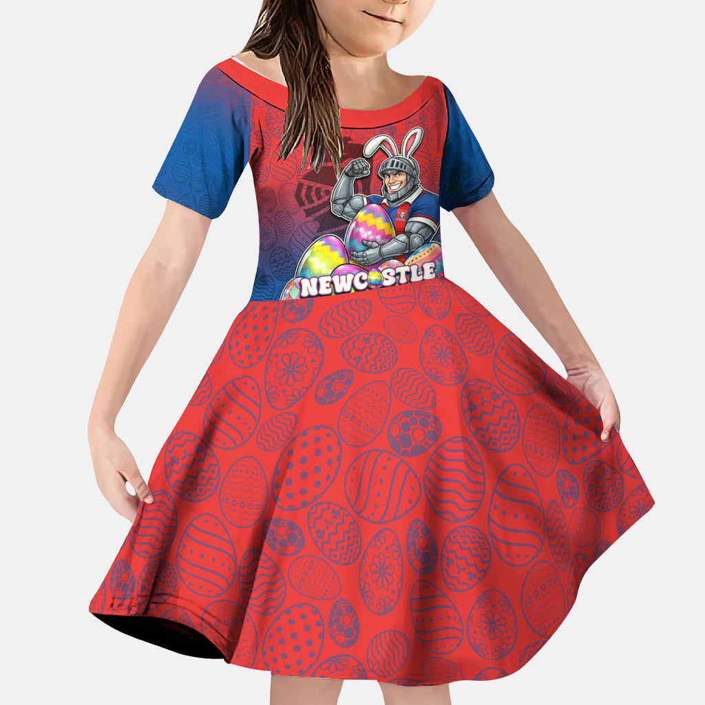 Personalized Newcastle Knights Kid Short Sleeve Dress Easter Mascot - Colorful Eggs Cartoon Style
